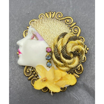 Vintage Porcelain Lady Cameo Brooch Rhinestones Gold Tone Metal Filigree