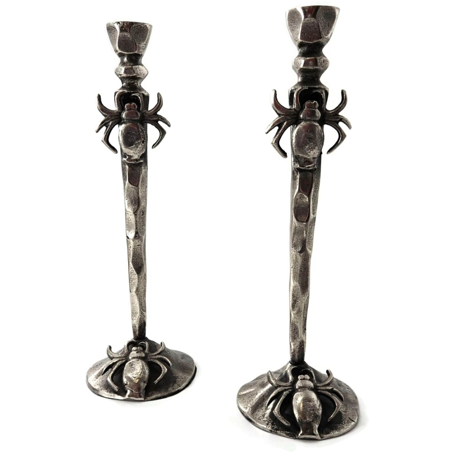 Gothic Halloween Spooky Spider Black Metal Taper Candle Holder Decor Set of 2