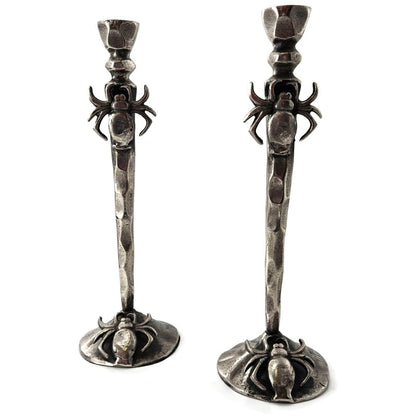 Gothic Halloween Spooky Spider Black Metal Taper Candle Holder Decor Set of 2