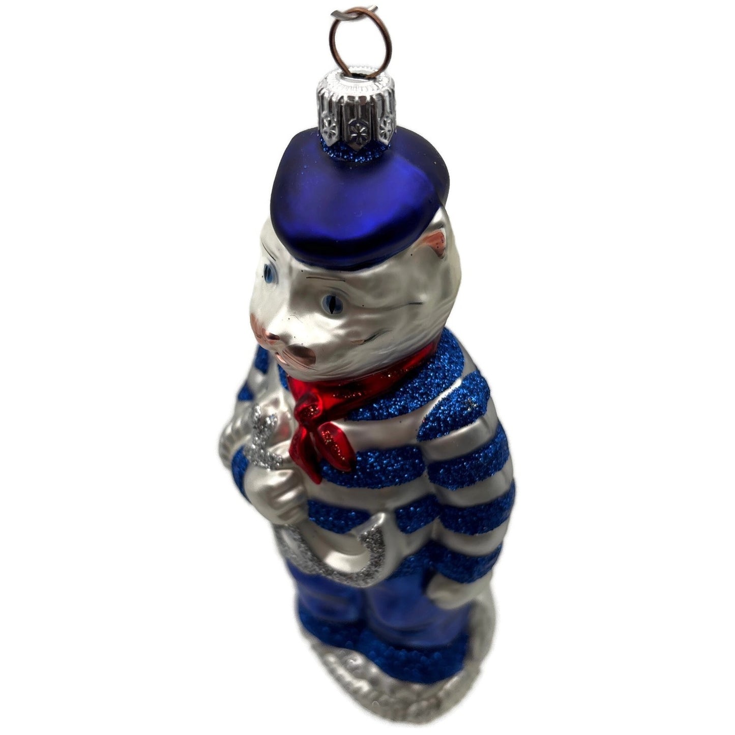 Patricia Breen Marseilles Cat Blue Silver Anchor Striped Christmas Tree Ornament