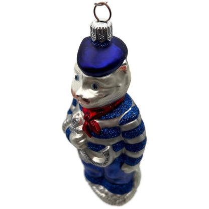 Patricia Breen Marseilles Cat Blue Silver Anchor Striped Christmas Tree Ornament