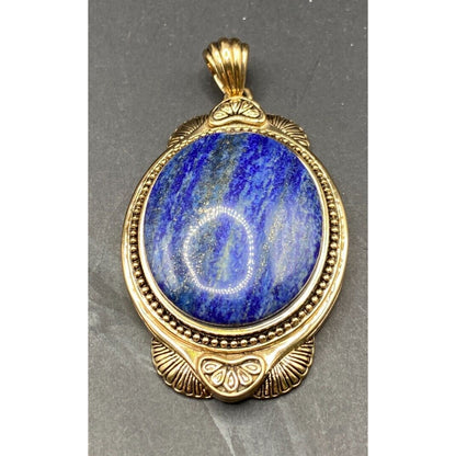 Lapis Lazuli Pendant Cabochon Gemstone Oval Shaped Gold Tone Metal Thailand