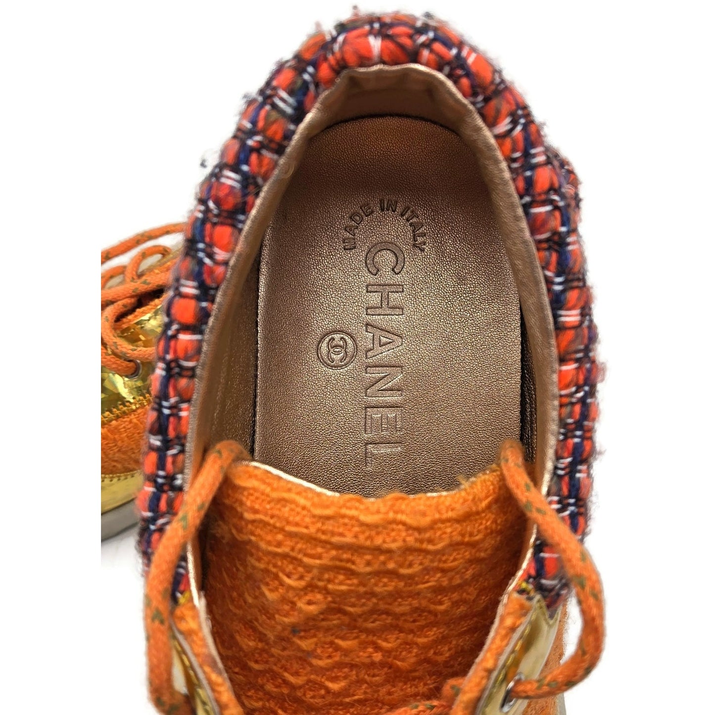 Chanel 14K Supermarket Orange Tweed PVC Suede Gold Sneakers Women EU Size 40.5