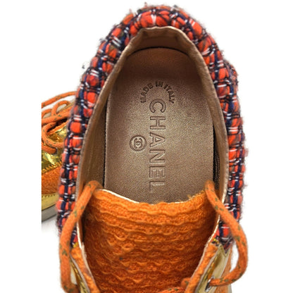 Chanel 14K Supermarket Orange Tweed PVC Suede Gold Sneakers Women EU Size 40.5