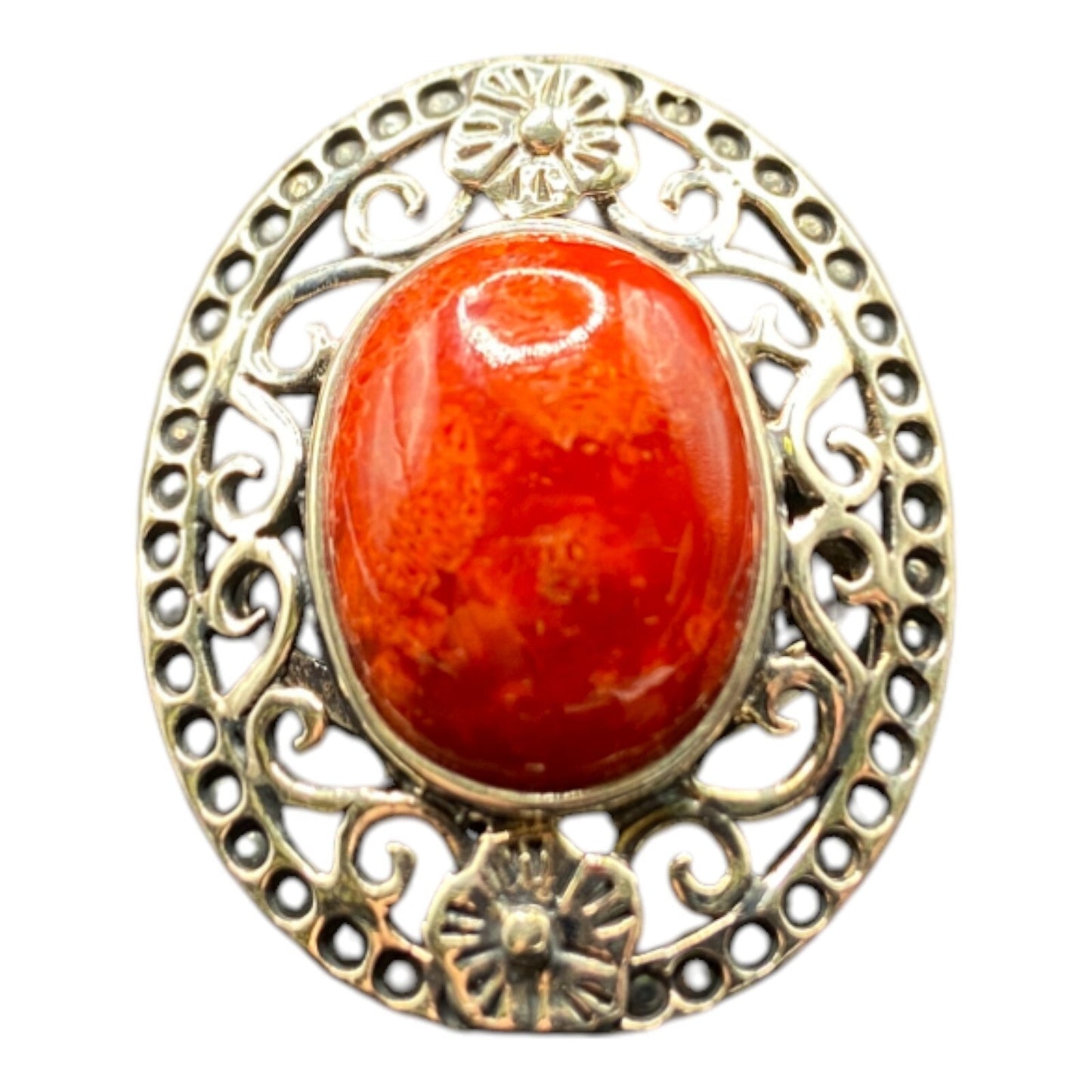 925 Sterling Silver Ring Sponge Coral Filigree Orange Oval Gemstone Size 7