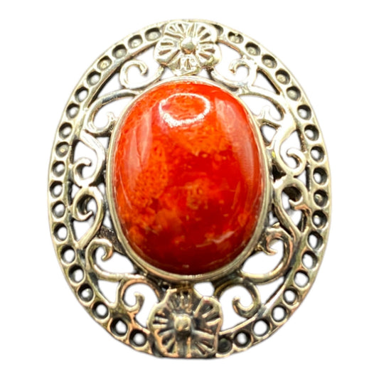 925 Sterling Silver Ring Sponge Coral Filigree Orange Oval Gemstone Size 7