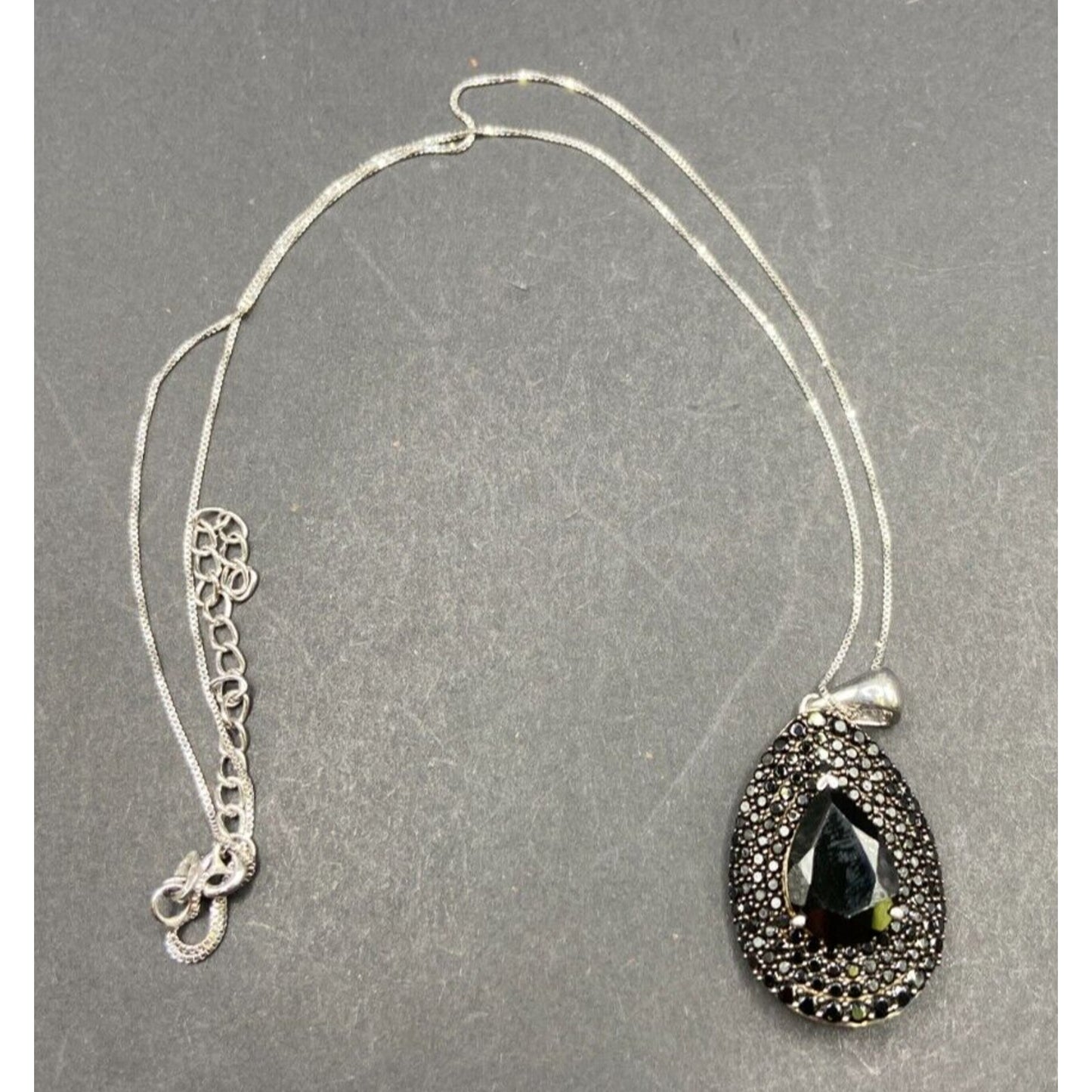 Black Onyx Teadrop Pendant Marcasite 925 Sterling Silver Box Chain Necklace GIE