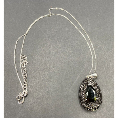Black Onyx Teadrop Pendant Marcasite 925 Sterling Silver Box Chain Necklace GIE