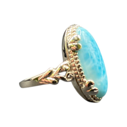 Larimar Gemstone Ring Oval Gemstone 925 Stering Silver JS Thailand Size 8