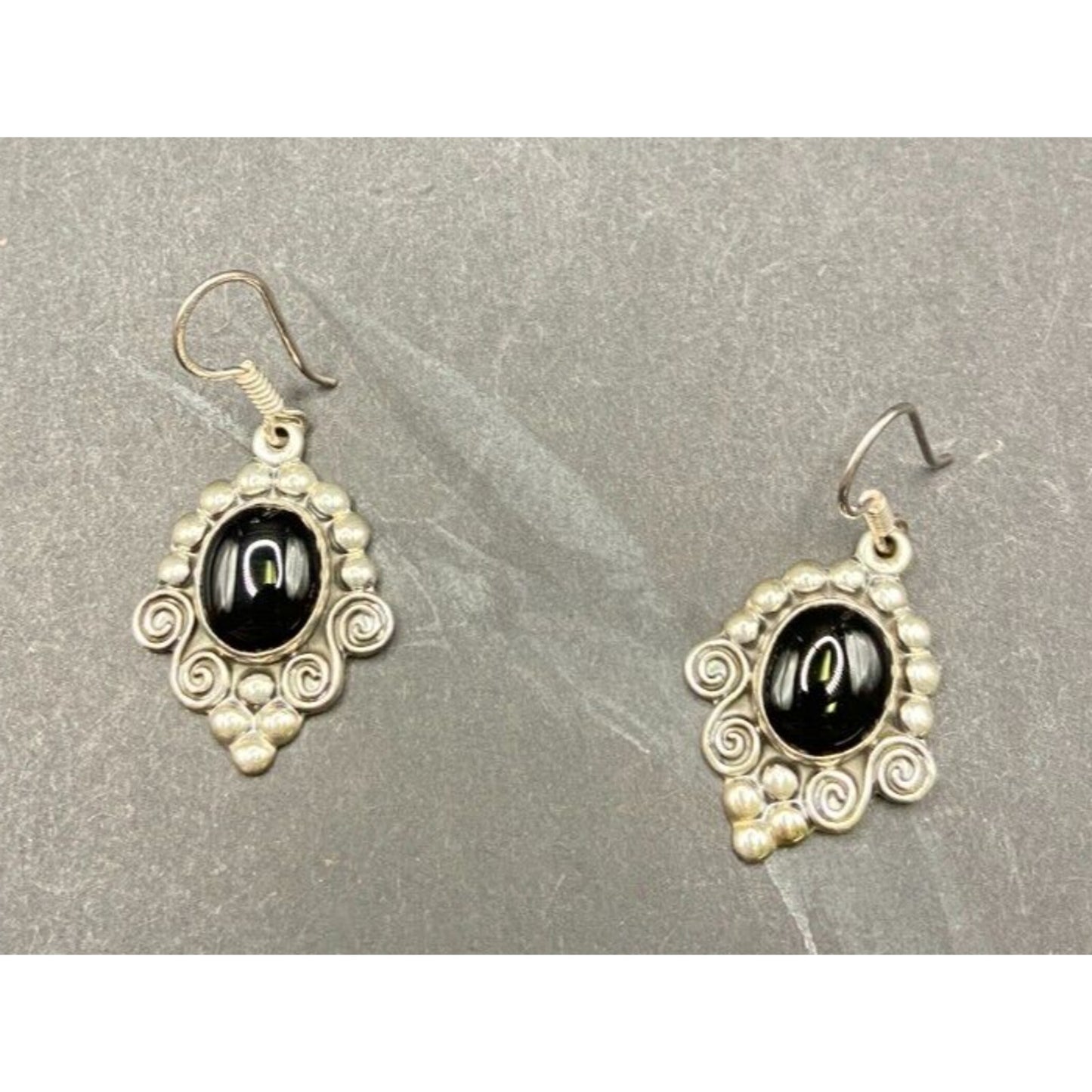 Black Onyx Oval Gemstone Hook Earrings 925 Sterling Silver Filigree MWS Mexico