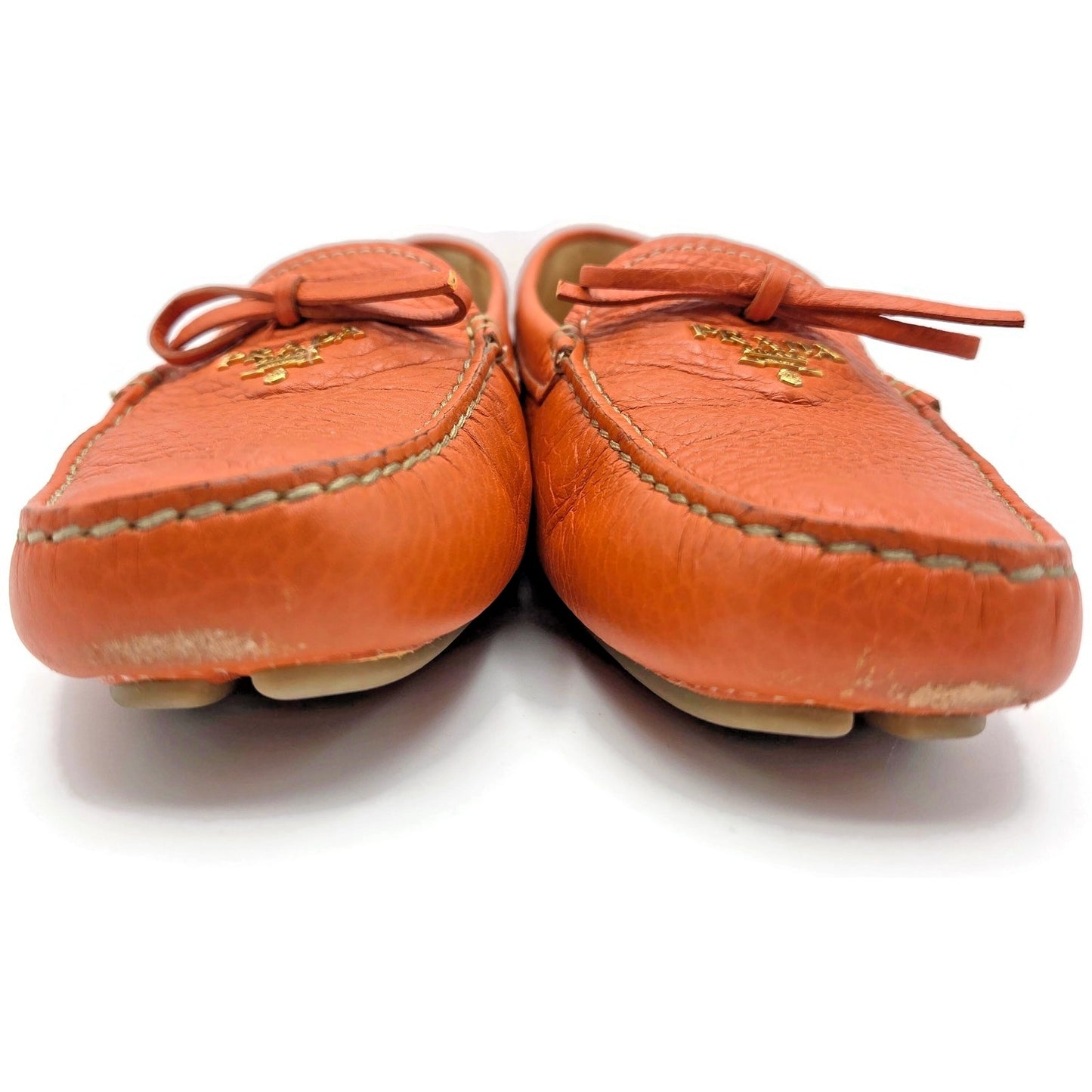 Prada Orange Papaya Pebbled Leather Loafers Slip On Driving Flats Womens Size 39