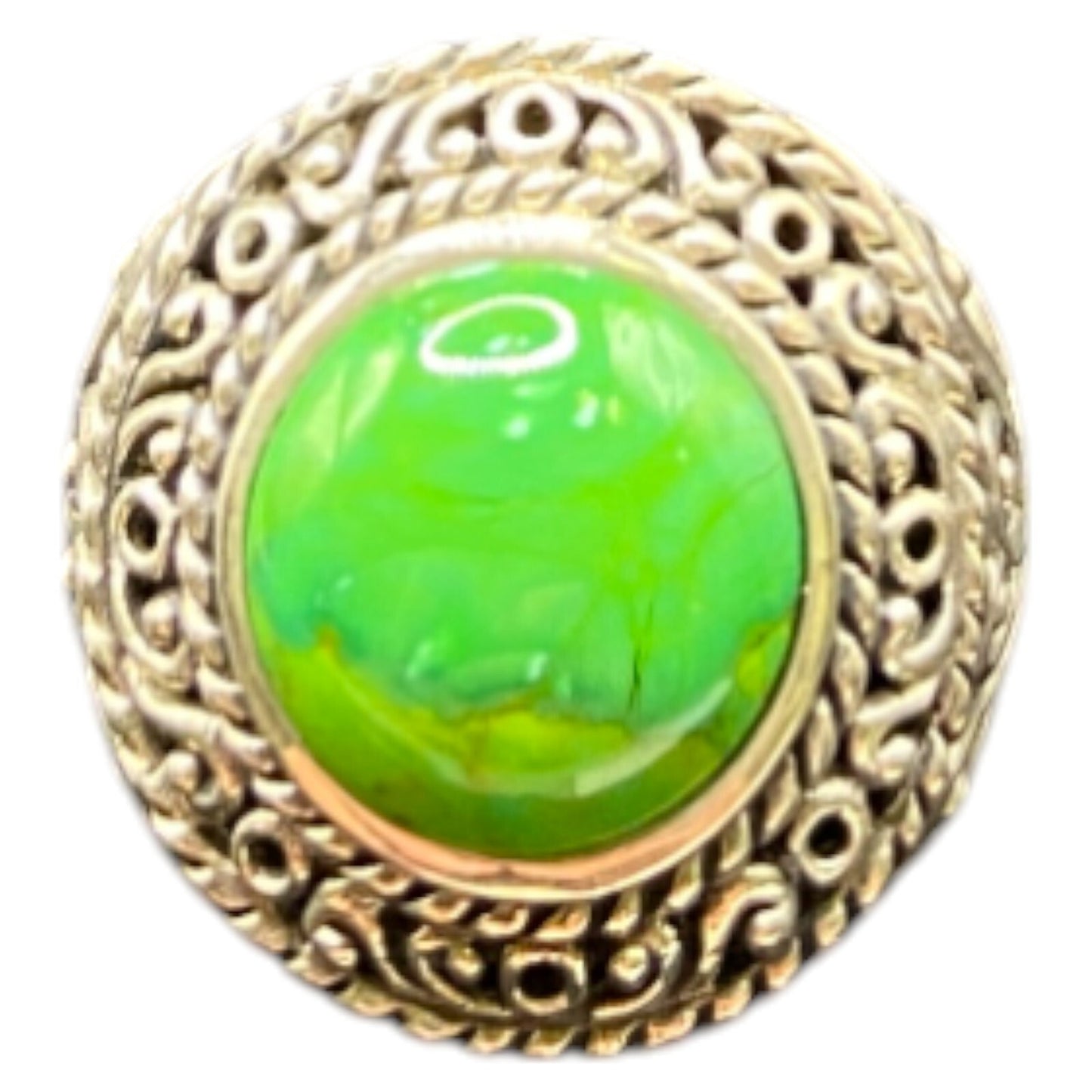 925 Sterling Silver Ring Green Turquoise Gemstone 7.5 Filigree Round Cabochon
