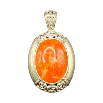 Orange Spiny Oyster Shell Oval Shaped Pendant 925 Sterling Silver NK Thailand