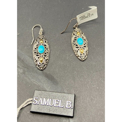Samuel B Sleeping Beauty Turquoise Hook Earrings 925 Sterling Silver Filigree