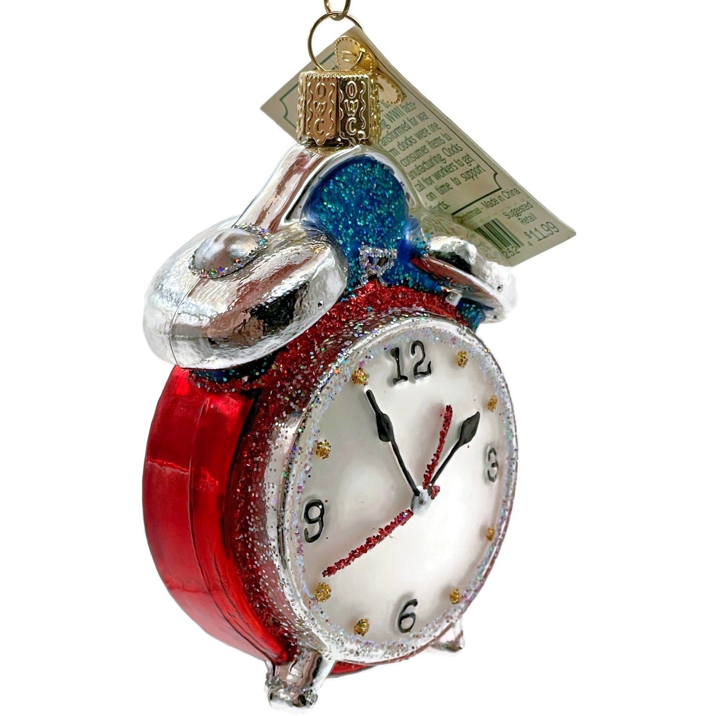 Alarm Clock Red Ornament Blown Glass OWC Old World Christmas Holiday Tree Decor