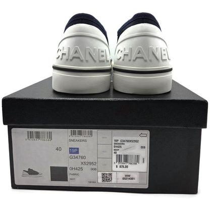 CHANEL Navy Fabric Sneakers Womens Size 40 White Sole Lace Up Low Top Box G34760