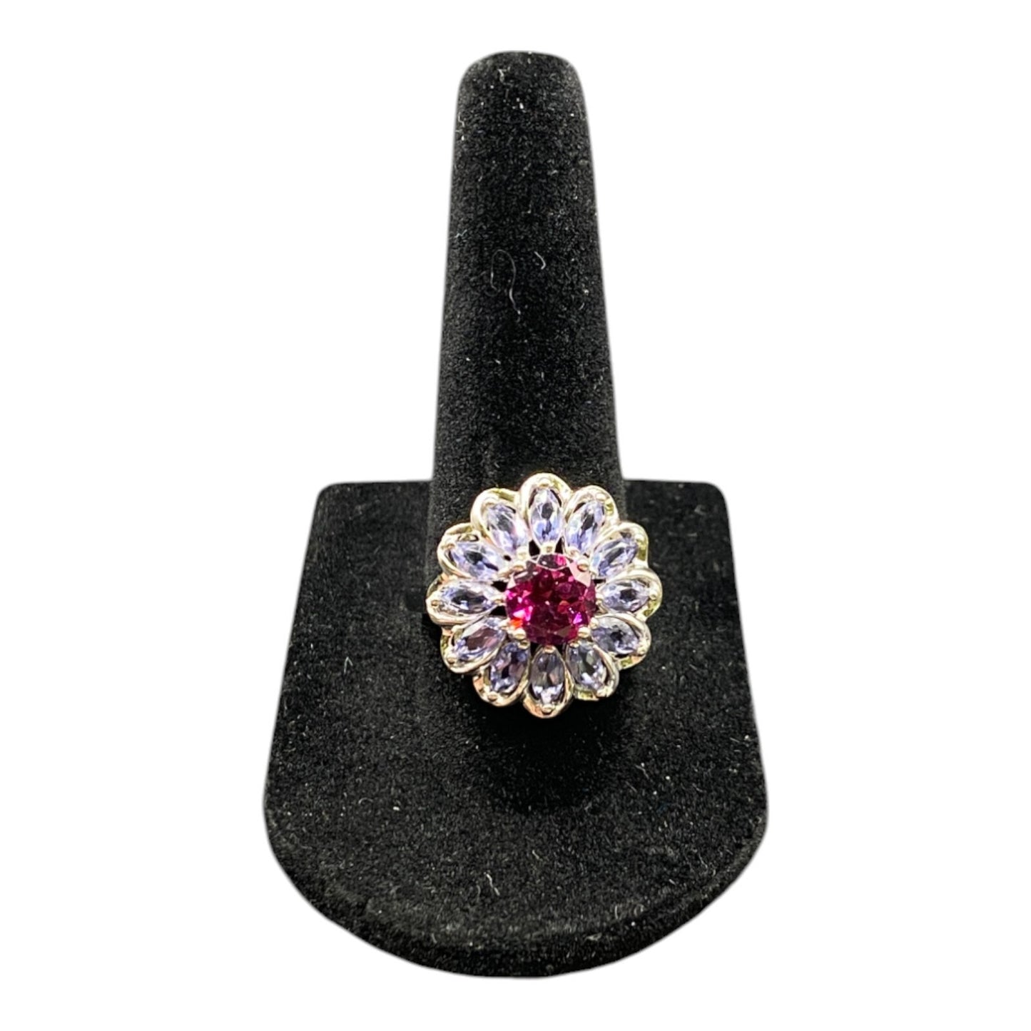 925 Sterling Silver Prong Set Blue Purple Gemstone Flower Cocktail Ring Size 8
