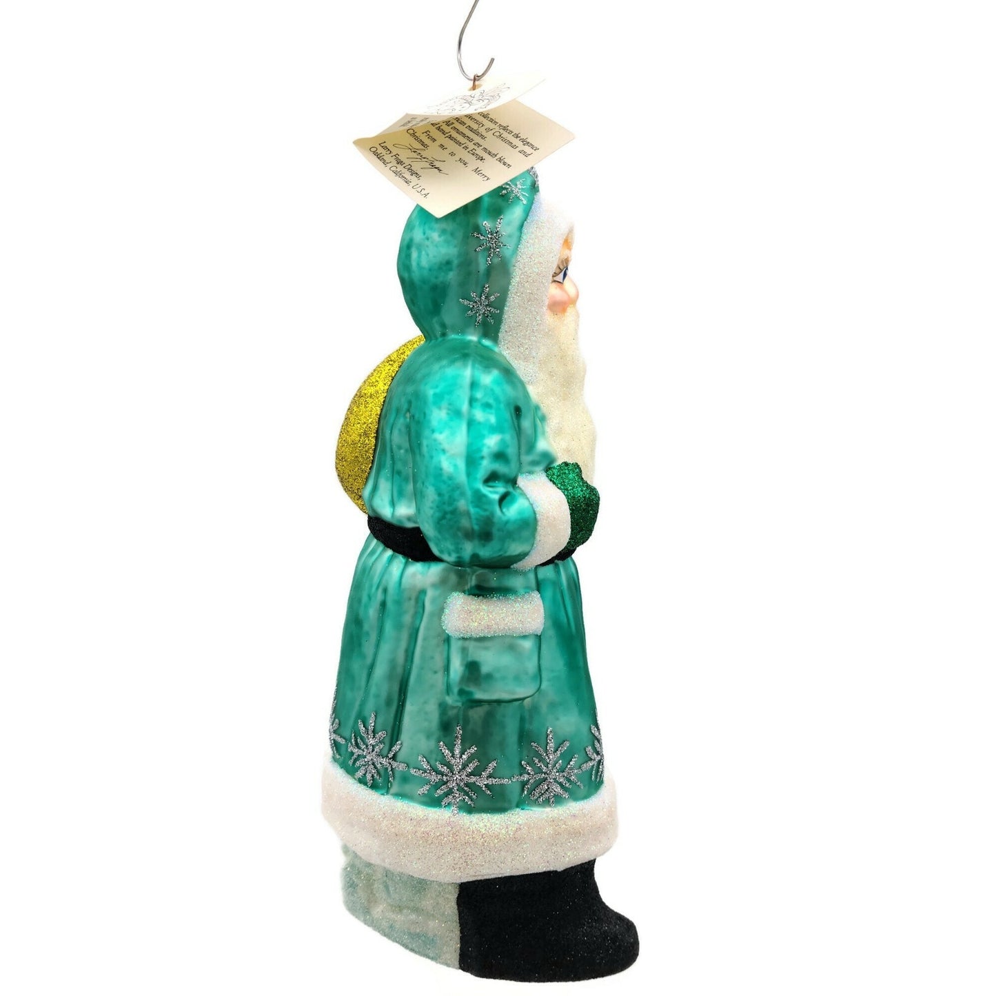 Larry Fraga Santa Claus Silver Turquoise Glittered Snowflakes Christmas Ornament