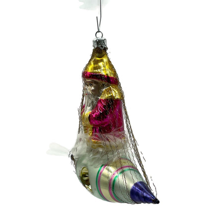 Christopher Radko Pink Santa In Space Blue Silver Rocket Christmas Tree Ornament