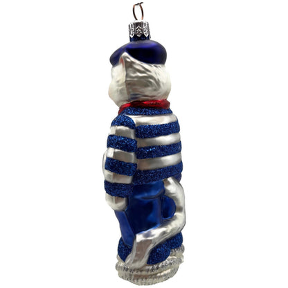 Patricia Breen Marseilles Cat Blue Silver Anchor Striped Christmas Tree Ornament