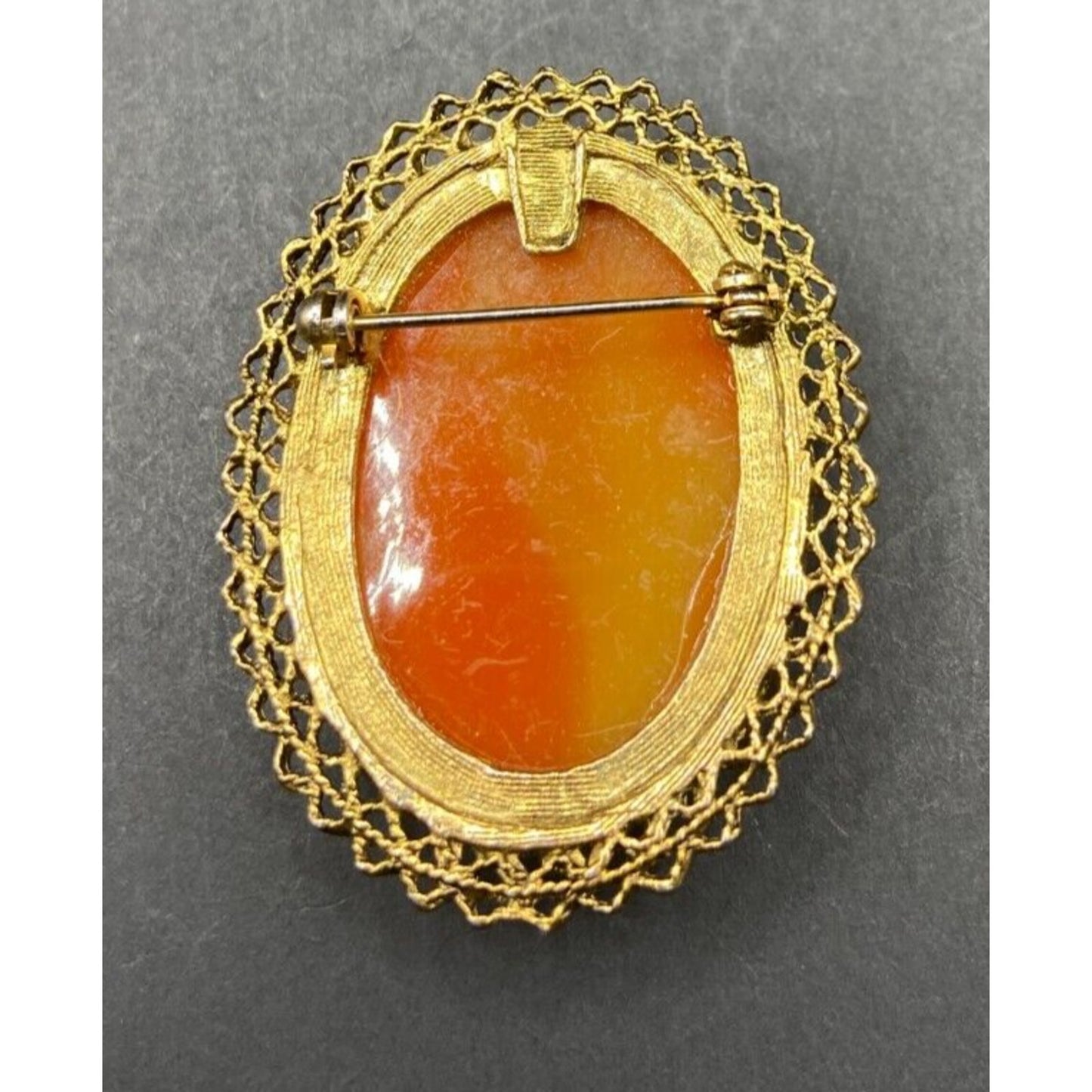 Vintage Cameo Brooch Lady Necklace Mid Century Oval Gold Tone Metal Filigree