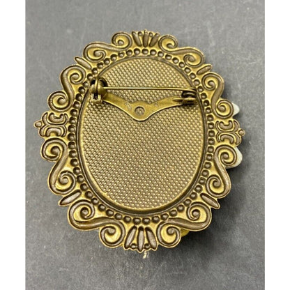Vintage Porcelain Lady Cameo Brooch Rhinestones Gold Tone Metal Filigree