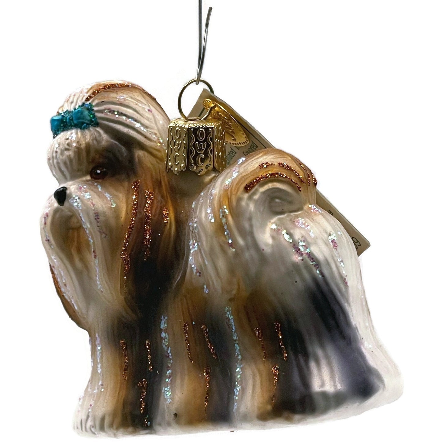 OWC Shih Tzu Dog Ornament Blue Bow Pet Glittered Old World Christmas Tree Decor