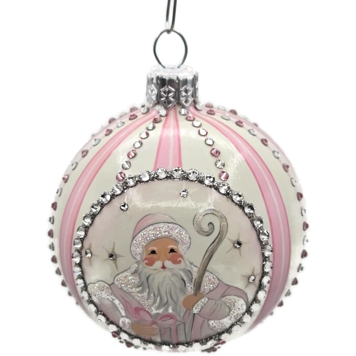 Patricia Breen Beguiling Orb Striped Pink Santa Claus Christmas Ornament CATZ VR