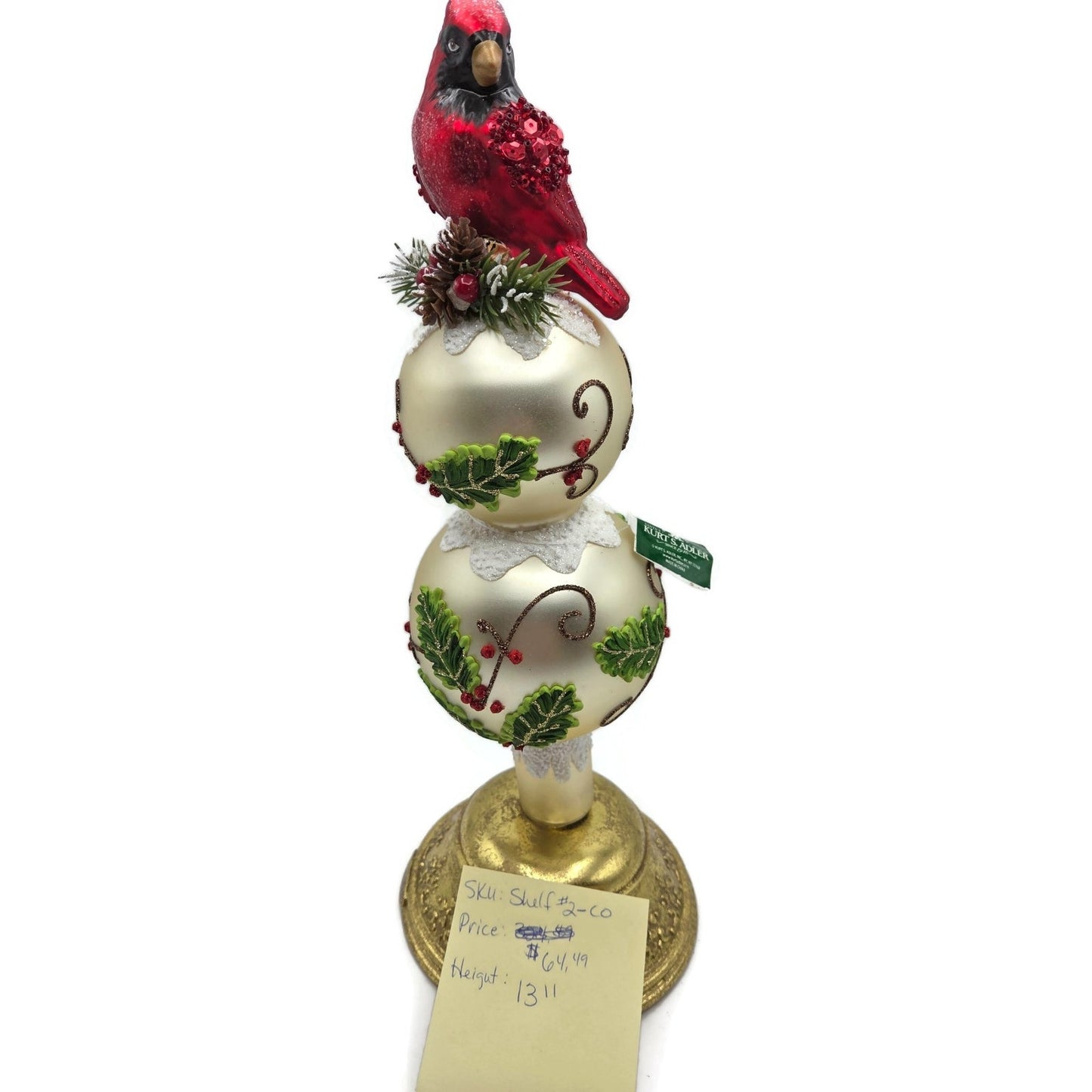 Kurt Adler Holiday And Cardinal Red Bird Glass Christmas Tree Topper 13 Inch