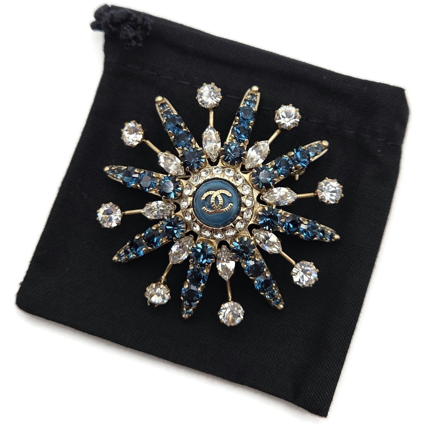 CoCo Chanel Starburst Brooch Blue Crystal Rhinestone Gold Tone Pin with Box Rare