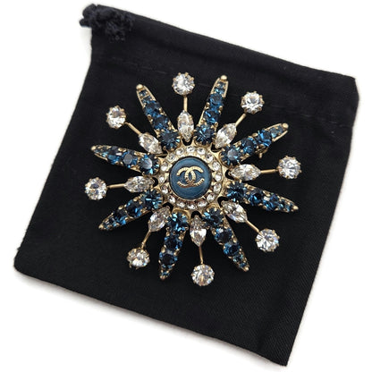 CoCo Chanel Starburst Brooch Blue Crystal Rhinestone Gold Tone Pin with Box Rare