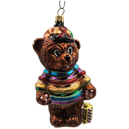 Christopher Radko Cubbys Rainbow Striped Holding A Gift Christmas Tree Ornament