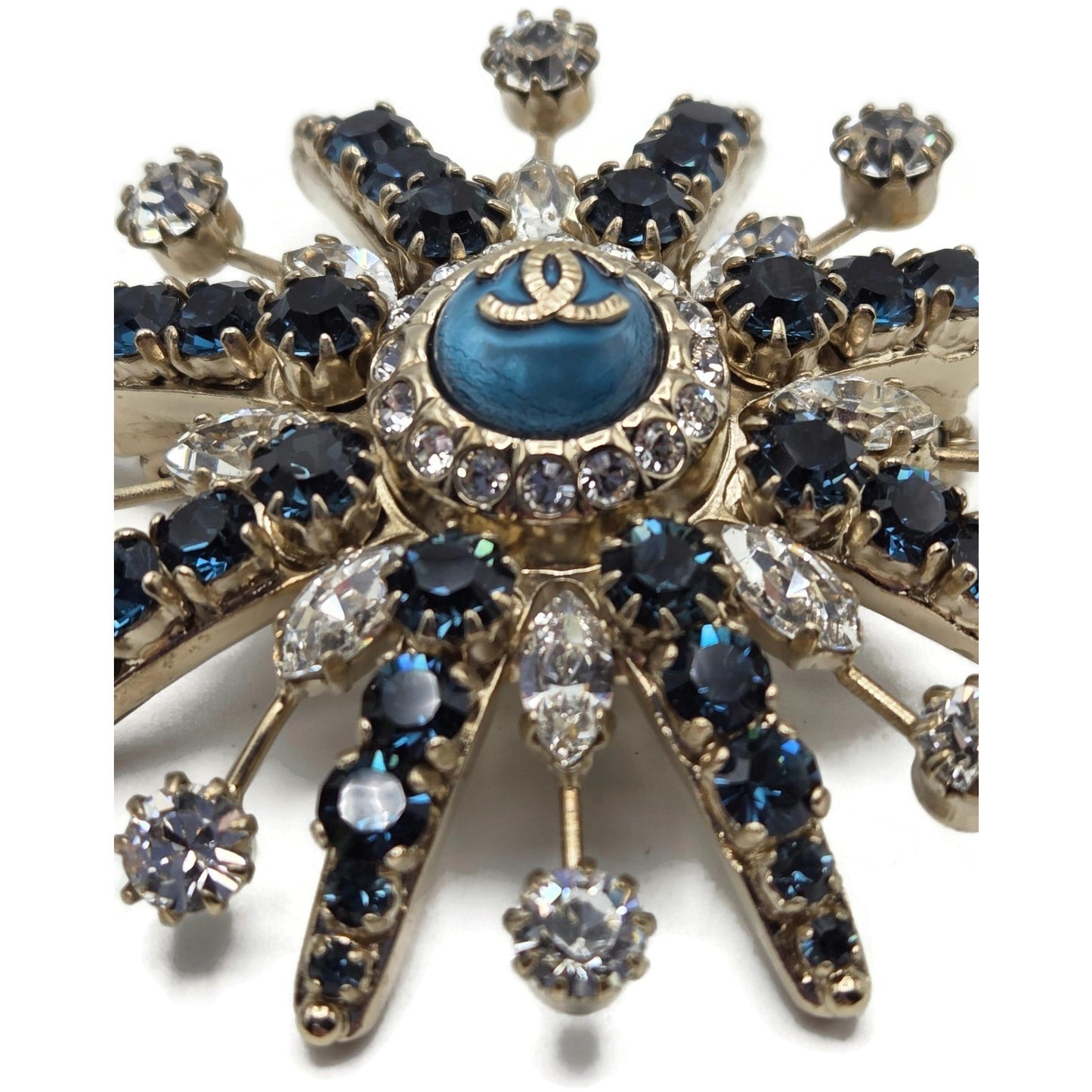 CoCo Chanel Starburst Brooch Blue Crystal Rhinestone Gold Tone Pin with Box Rare