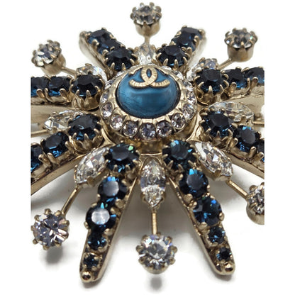 CoCo Chanel Starburst Brooch Blue Crystal Rhinestone Gold Tone Pin with Box Rare