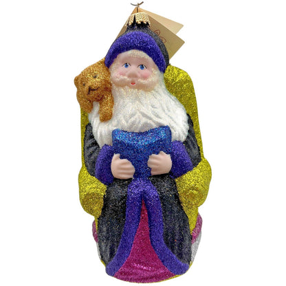 Larry Fraga Settling In Black Santa Claus Brown Bear Glitter Christmas Ornament