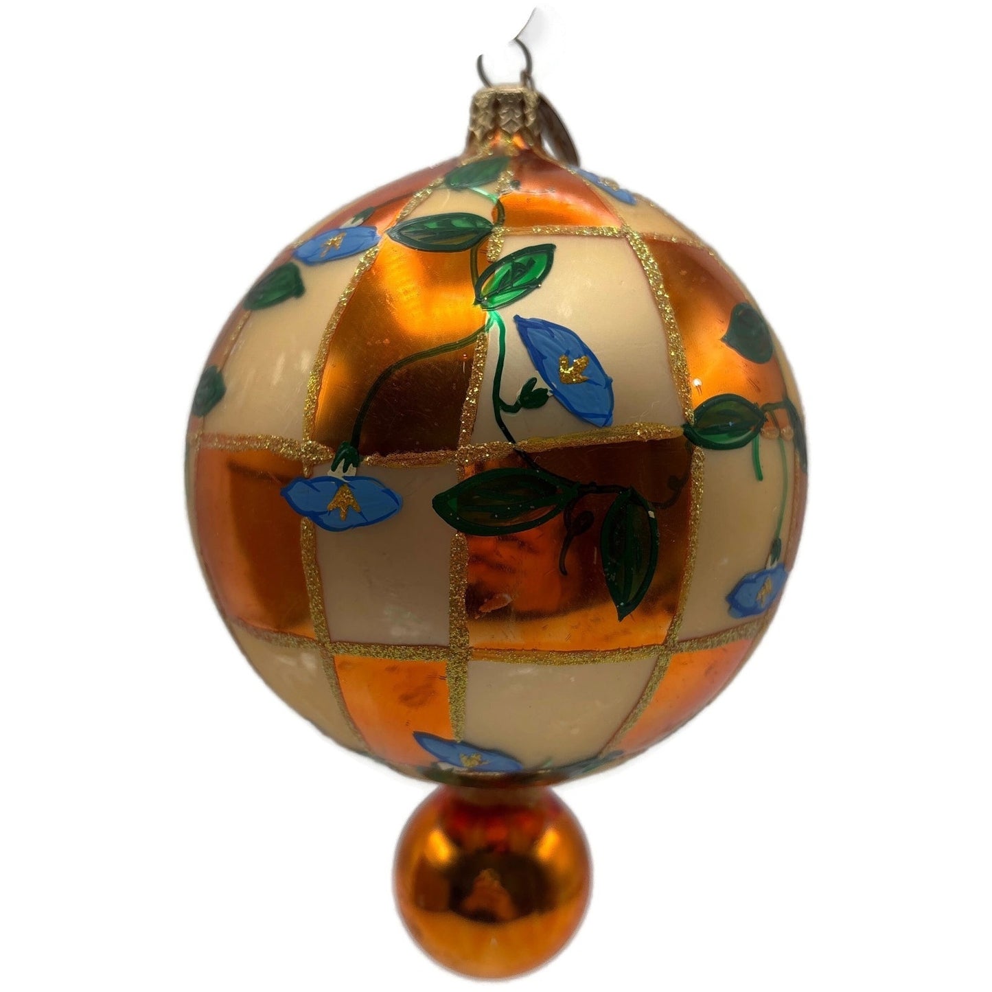 Christopher Radko Heavenly Blue Morning Glory Orange Glass Christmas Ornament