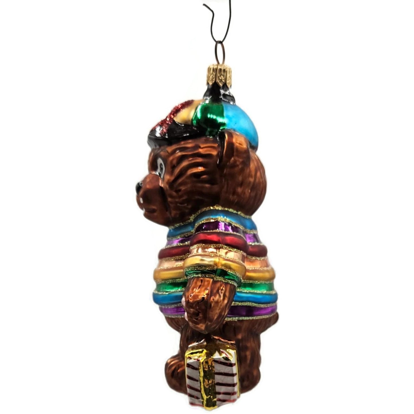 Christopher Radko Cubbys Rainbow Striped Holding A Gift Christmas Tree Ornament