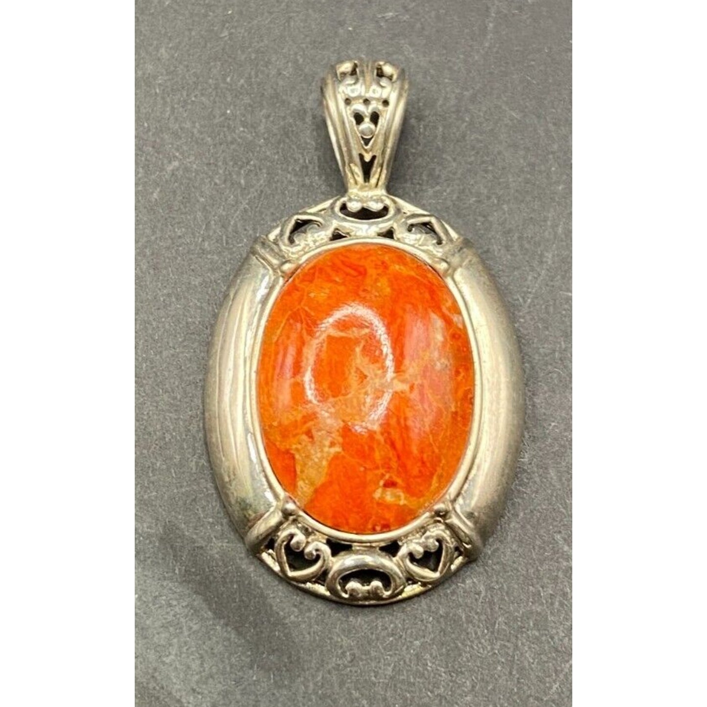 Orange Spiny Oyster Shell Oval Shaped Pendant 925 Sterling Silver NK Thailand