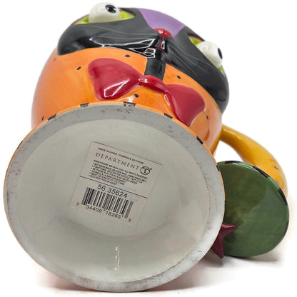 Department 56 Halloween Google Eye Black Cat Orange Mug Coffee Cup Moon Handle