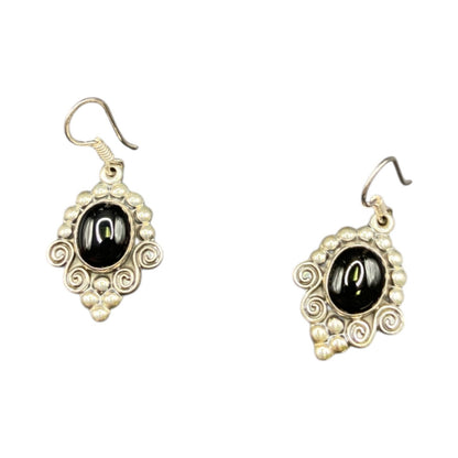 Black Onyx Oval Gemstone Hook Earrings 925 Sterling Silver Filigree MWS Mexico
