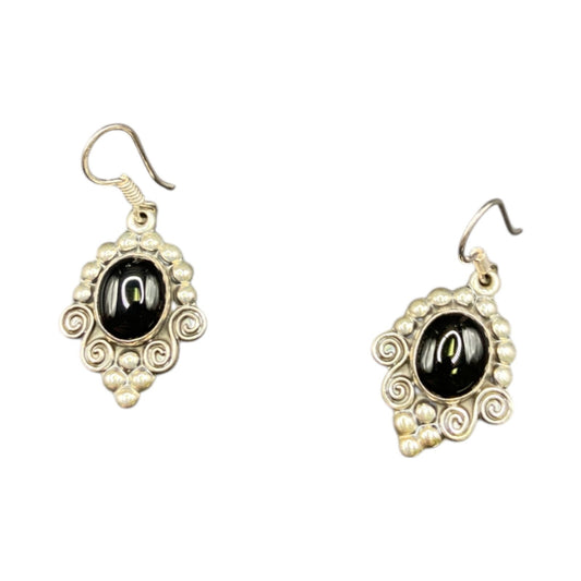 Black Onyx Oval Gemstone Hook Earrings 925 Sterling Silver Filigree MWS Mexico