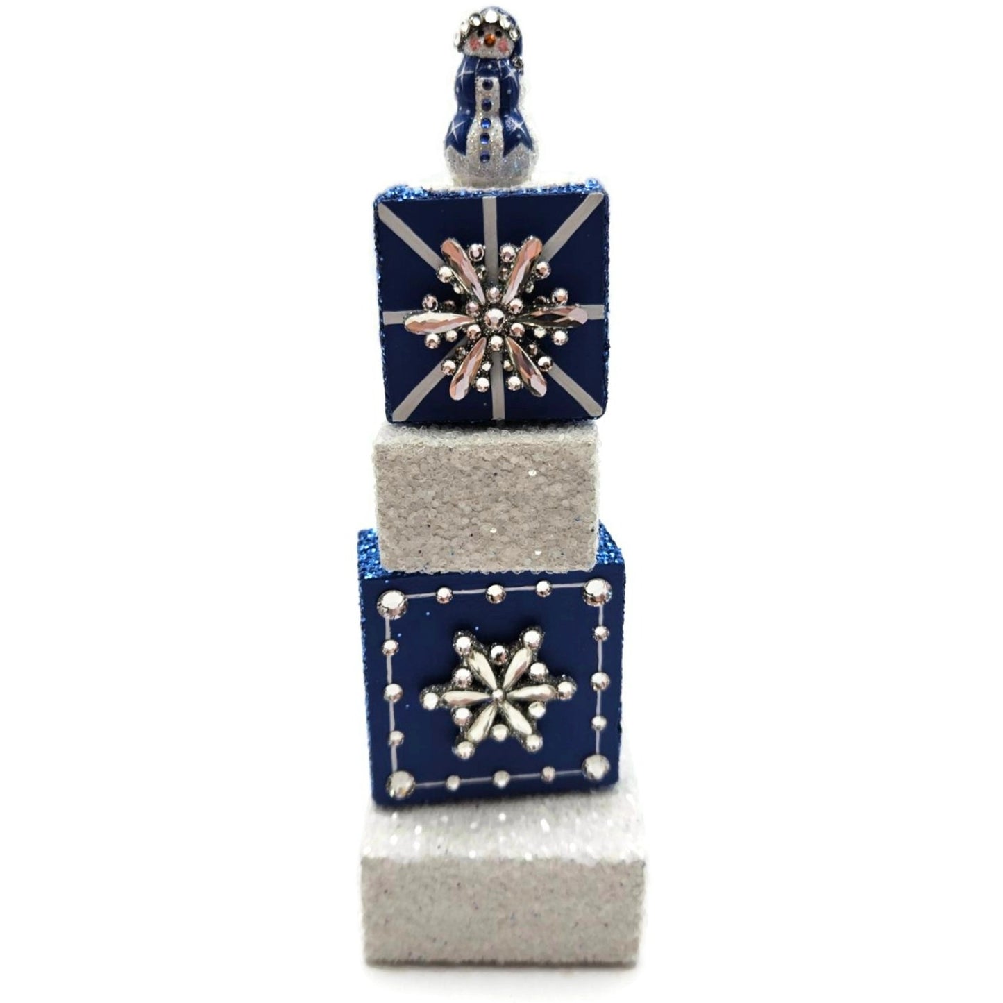 Patricia Breen Presenting Blue Snowman Jeweled Cube Tower Christmas Ornament