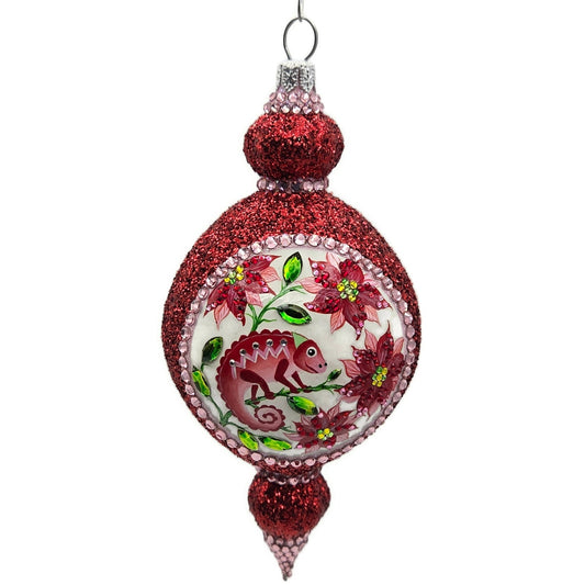 Patricia Breen Le Fleuron Poinsettia Chameleon Red Glittered Christmas Ornament