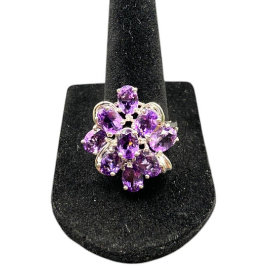 925 Sterling Silver Ring Prong Set Purple Amethyst Gemstone Cluster Size 8