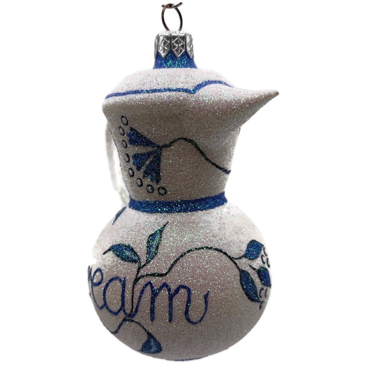 Patricia Breen Sweet Cream Glittered Blue Flowers Pearl White Spring Ornament