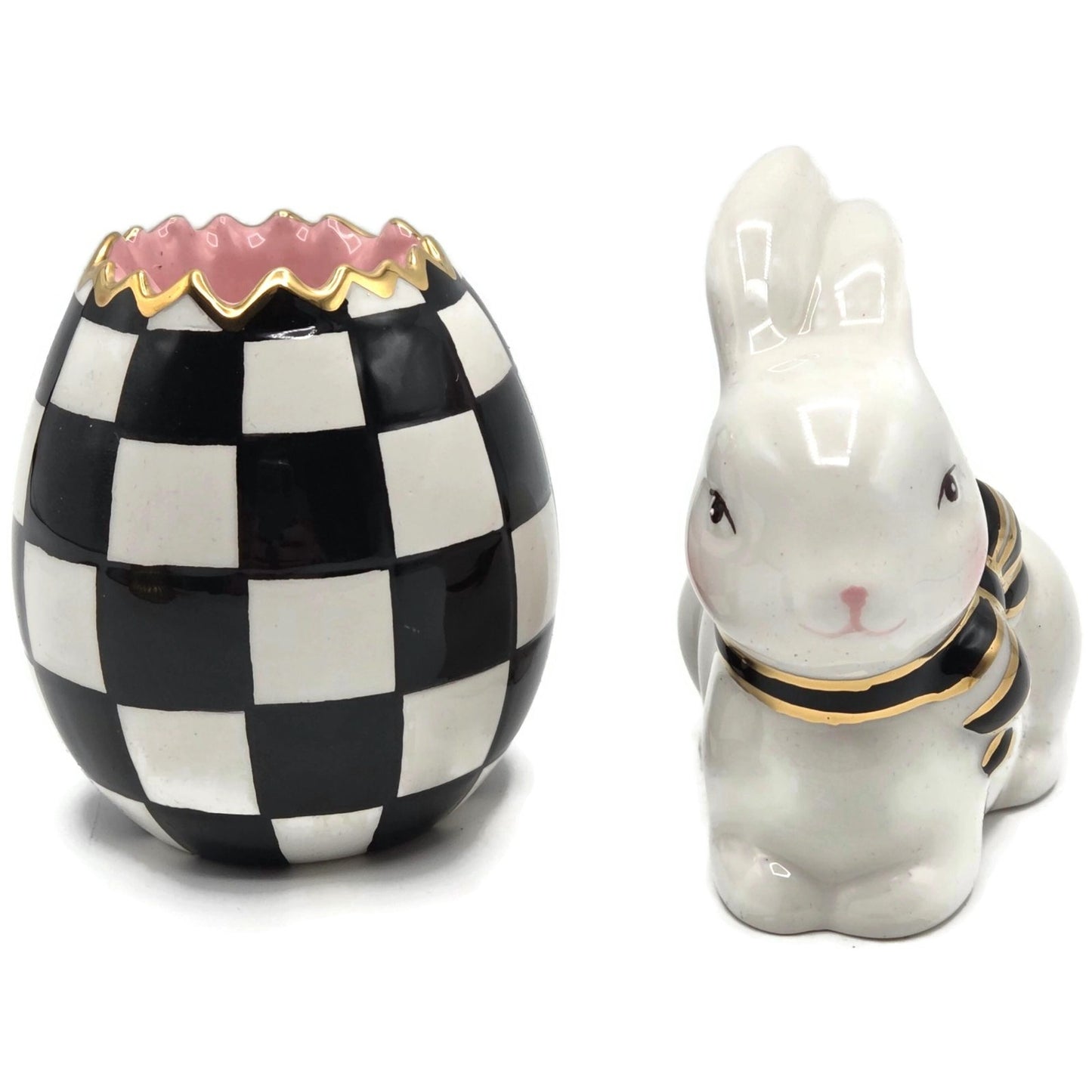Mackenzie Childs Courtly Check Bunny Egg Hostess Set Easter Spring Black Pink