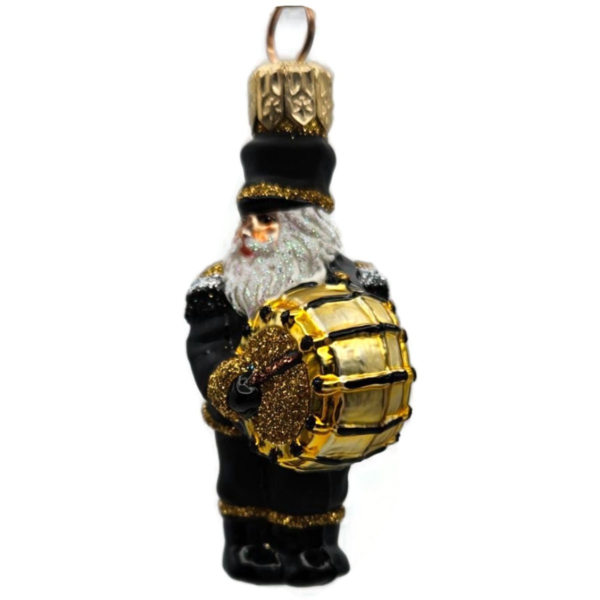 Patricia Breen Drummer Santa Claus Black Gold Glass Christmas Tree Ornament 2145