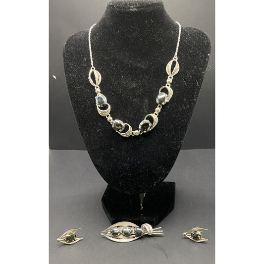 Sorrento 925 Sterling Silver Hematite Jewelry Set Necklace Brooch Earrings