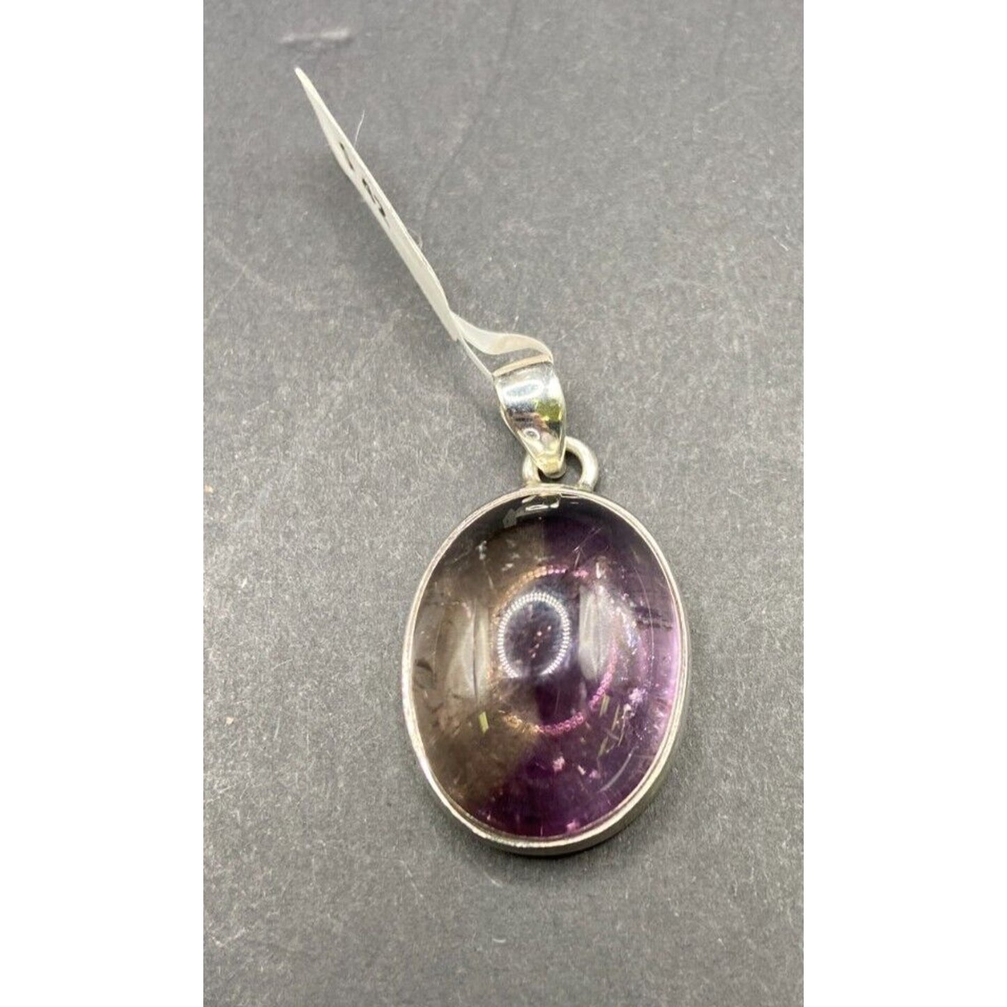 Polished Ametrine Gemstone Pendant Purple Oval Cabochon Silver Tone Fine Jewelry