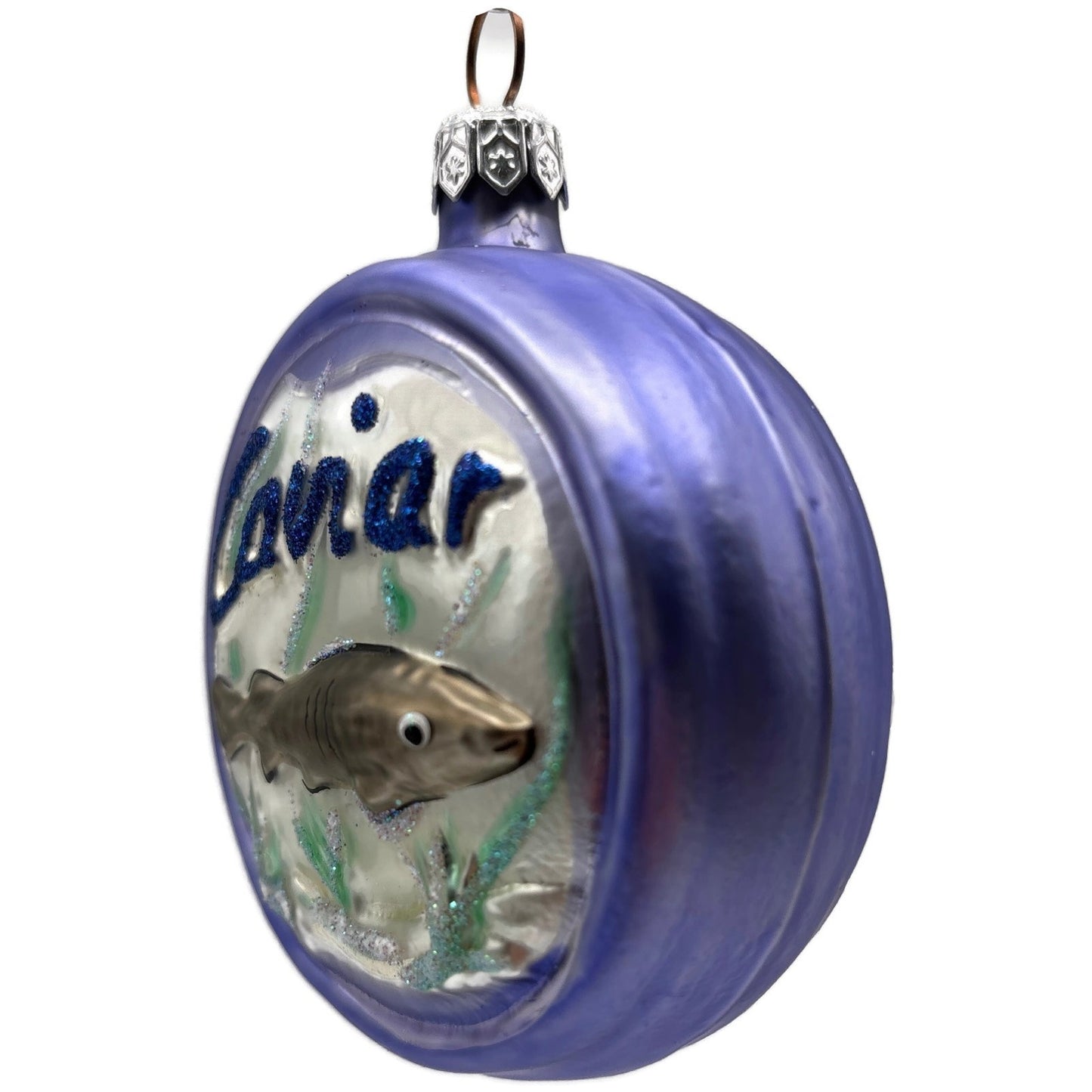 Patricia Breen Caviar Tin Lavender Violet Fish Egg Glass Christmas Ornament 9606